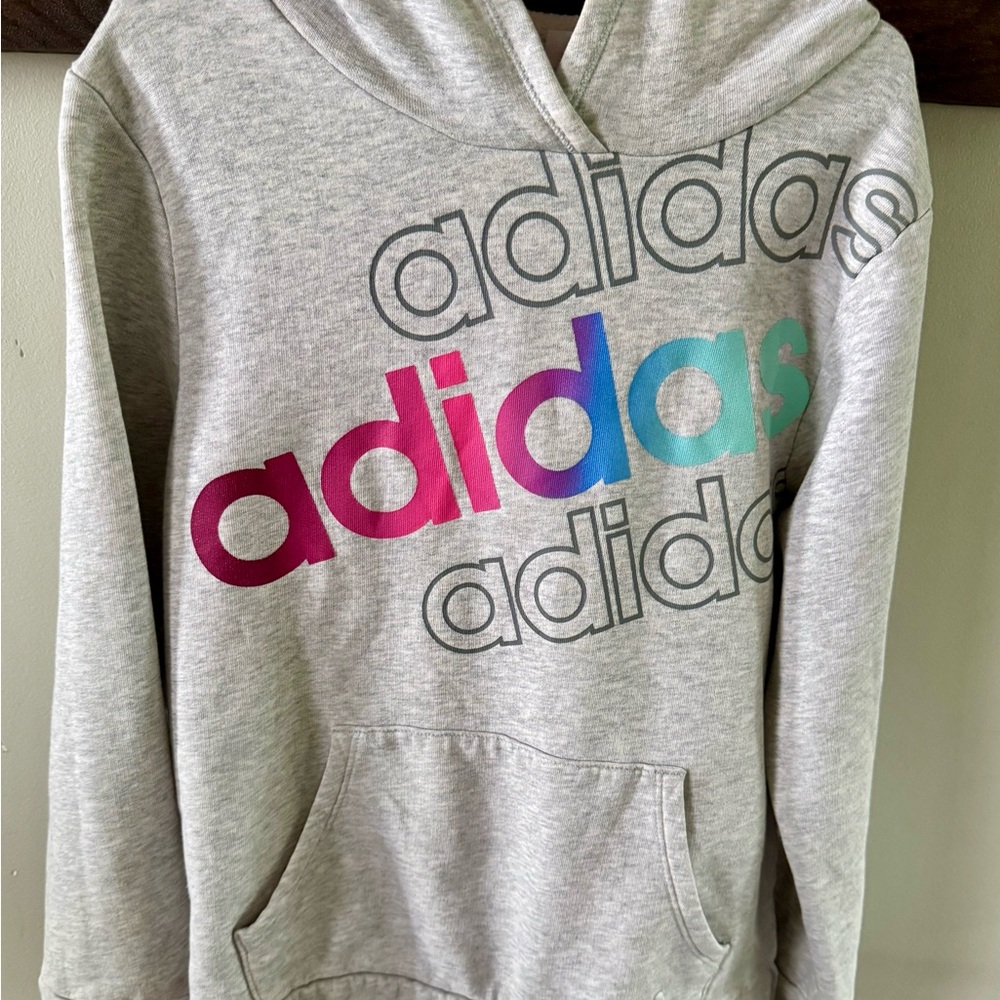 adidas Kids Gray Hoodie with Multicolor Logo